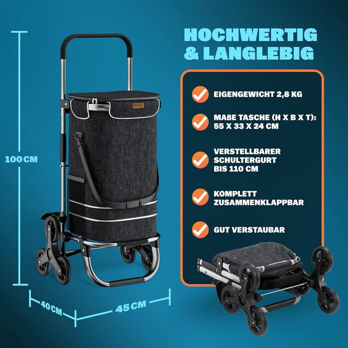 Універсальний візок для покупок 3-в-1, 56 л, до 50 кг, складаний, зі знімною сумкою, 6 коліс, плечовий ремінь, для сходів, чорний з меланжем