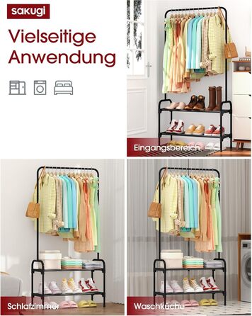 Вішалка для одягу - штанга для одягу з нековзними ніжками, шафа-стійка з 2-рівневим органайзером для взуття, вішалка для одягу для спальні, передпокою, 74 x 30 x 150 см, чорна 74 x 30 x 150 см чорна