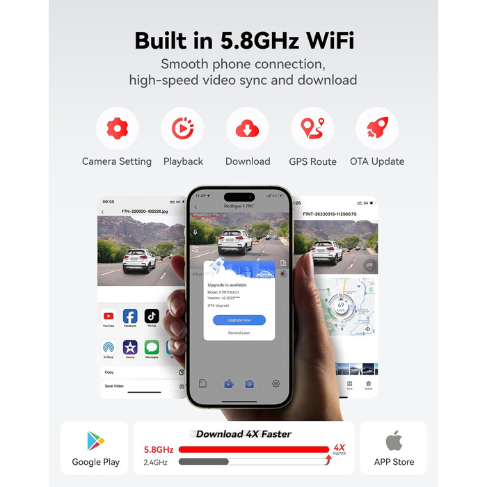 Відеореєстратор автомобільний передній задній, сенсорний екран 3.18 дюйма, голосове управління, вбудований 5.8 ГГц WiFi GPS, безко