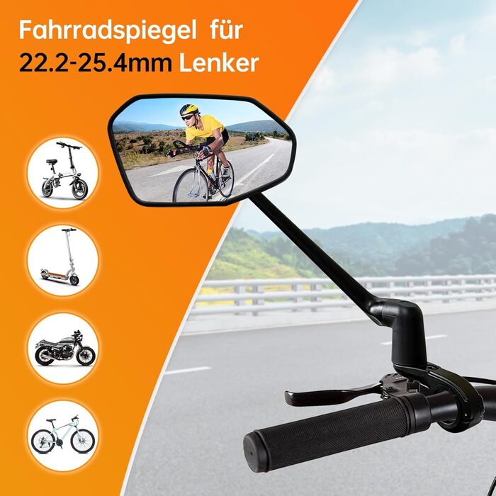 Велосипедне дзеркало, нове функціональне велосипедне дзеркало заднього виду з контрольованим напрямком висування, HD справжнє скло для електросамоката, велике велосипедне дзеркало з обертанням на 360 для керма електровелосипеда ліве (22,2-25,4 мм)