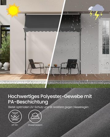 Тент SONGMICS із затискачем, балконний тент, регульований по висоті, з ручним приводом, сонцезахист, для балкону, тераси, саду, 250 x 120 см, антрацит GSA252G02 250 Вт см антрацит