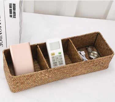 Кошик для зберігання з морської трави для ванної кімнати, плетений кошик для зберігання, плетена скринька для зберігання у ванній кімнаті з 3 відділеннями (37 x 12 x 8 см)