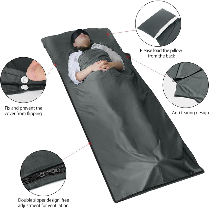 Бавовняний спальний мішок MYCARBON 2-в-1, 95x220 см, надлегкий спальний мішок із захисним чохлом на блискавці, ідеально підходить для походів, подорожей, кемпінгу, активного відпочинку, хостелів, гірських хатин, сірий