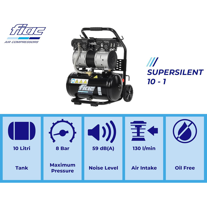 Переносний повітряний компресор FIAC SUPERSILENT 10, безмасляний, максимальний тиск 8 бар, 1 к.с., бак 10 л, рівень шуму 58 дБ LpA