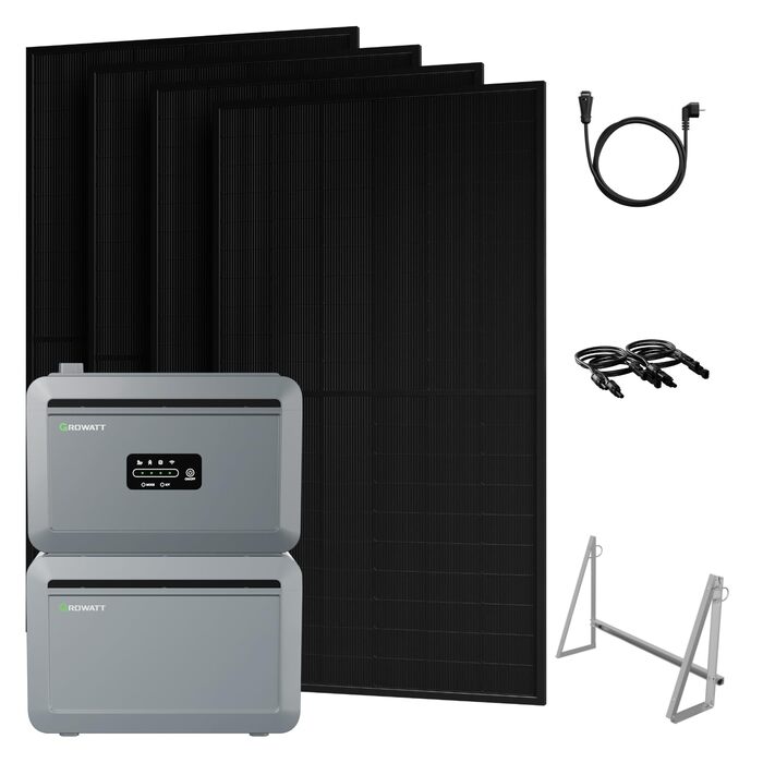 Універсальна балконна електростанція потужністю 2000 Вт з накопичувачем 4096 Втгод, Growatt NEXA 2000 з 1 розширювальним акумулятором, 4 сонячними панелями по 500 Вт з кріпленням на балконних гаках, повним комплектом аксесуарів, plug & play (0 ПДВ)