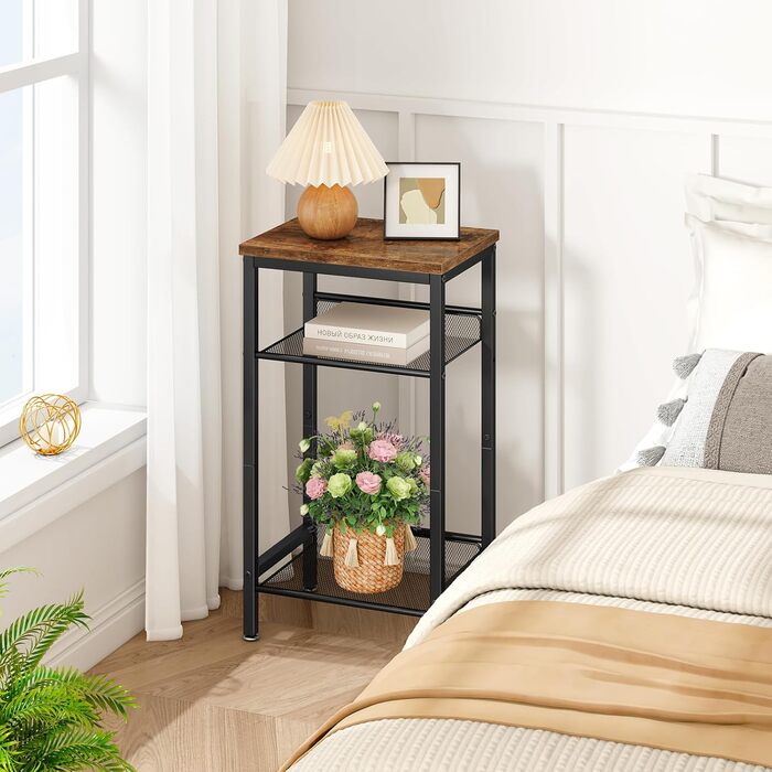 Журнальний столик YMYNY, тумбочка з регульованими полицями та ніжками, телефонний столик, столик для дивана з дерева, металевий каркас, індустріальний стиль, для вітальні, спальні, офісу, рустикальний коричневий HST005H 1-елементний рустикальний коричневи