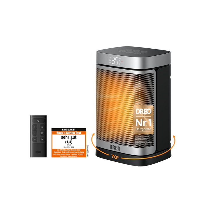 Енергозберігаючий малий електричний вентилятор-обігрівач Dreo, 1500 Вт з термостатом, коливальний електричний нагрівальний елемент 70, керамічний нагрівач PTC, тихий, режим ECO, 12-годинний таймер, захист від перегріву та перекидання, стандартний срібляст