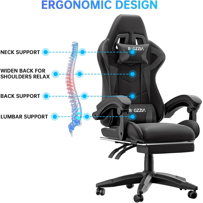 Геймерське крісло з висувною підставкою для ніг та регульованою поперековою опорою, ергономічне комп&39ютерне крісло з синтетичної шкіри з можливістю нахилу 90-155, офісне крісло з піни з ефектом пам&39яті та подушкою для шиї (чорне)