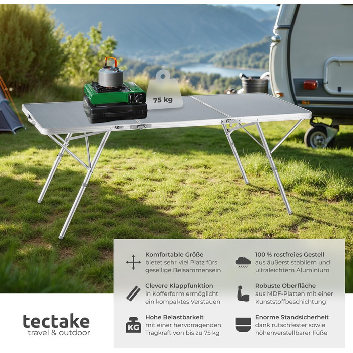 Стіл для кемпінгу tectake, розкладний стіл, великий розкладний садовий стіл, стійкий до атмосферних впливів, 180 x 70 x 70,5 см, як стіл для патіо, для балкону, кемпінгу, фестивалю, стіл для обклеювання шпалерами