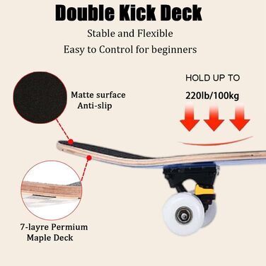 Скейтборд ERNAN 38 дюймів - стандартний скейтборд для дітей, підлітків та дорослих, 7-шарова кленова дека, увігнута форма, чорно-білий клітинка дизайн