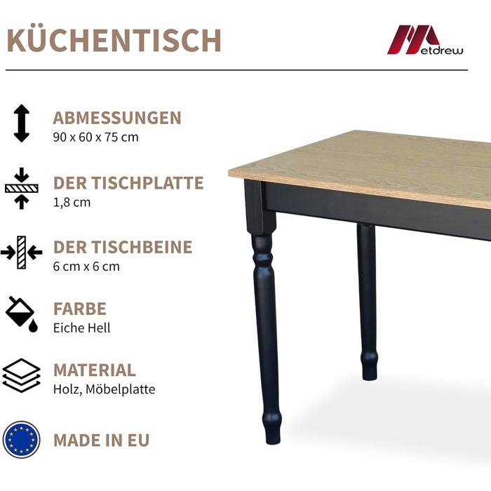 Дерев&39яний обідній стіл 90x60 см Компактний та стійкий З декоративними ніжками Для 2 осіб Невеликий кухонний стіл Скандинавський дизайн Стільниця Світлий дуб, 90 см x 60 см