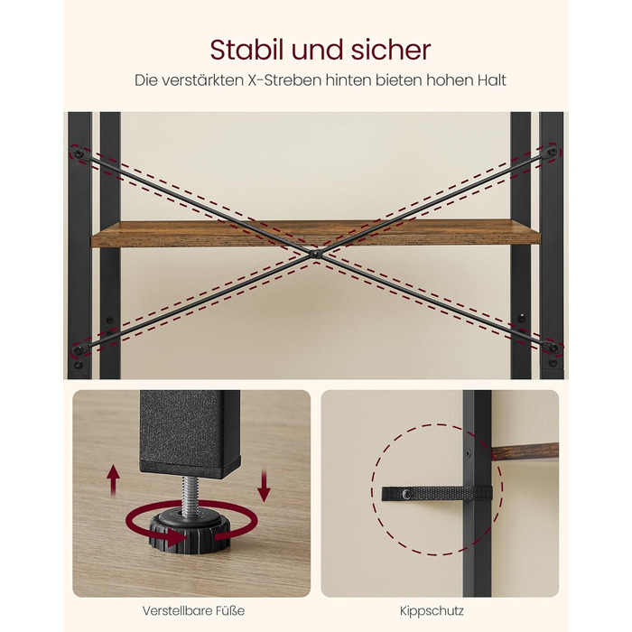 Полиця, книжкова шафа, окремостояча полиця, полиця для DVD, з 4 полицями, офісна полиця, відкриті полиці, для офісу, вітальні, спальні, кухні, 30 x 66 x 120 см, вінтажний коричневий-чорнильний чорний LLS60BX 4 полиці (66Ш x 120В см) вінтажний коричневий ч