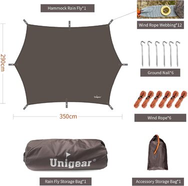 Намет Unigear брезентовий водонепроникний, шестигранний брезент 350x290см/450x420см з люверсами 6 алюмінієвих кілочків 6 мотузок, брезент для гамака, захист від дощу, захист від сонця для кемпінгу пікніка фестивалю кави на природі 350x290см