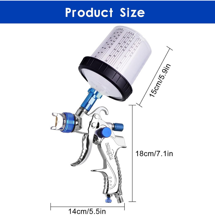 Фарборозпилювач HVLP, комплект пістолета-розпилювача з 10 шт. чашок для розпилювача T5 1,4 мм 1,7 мм 2,0 мм, професійний пневматичний пістолет для фарбування з манометром, комплект пневматичного пістолета (синього кольору)