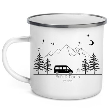 Емальована кружка Маленька Матильда, барвиста персоналізована кемпінгова кружка з іменем для кемперів, кавова кружка, аксесуар для караванів, кружка з нержавіючої сталі, подарунок для кемперів (чорний колір для кемперів)
