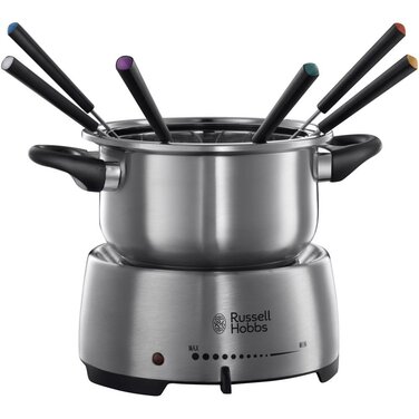 Електричний набір для фондю Russell Hobbs Fiesta для сиру, шоколаду, олії або бульйону (6 кольорових виделок, антипригарний сталевий горщик 1,2 л, придатний для ПММ, 1200 Вт) 22560-56