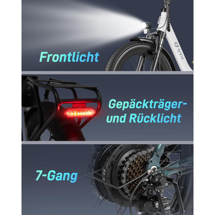 Електричний велосипед DYU C9 E-Bike для чоловіків та жінок - Електровелосипед з акумулятором 48 В 15,6 Аг, колесами 20 x 3,0 дюйма, 7-ступінчастою коробкою передач зі світлодіодним дисплеєм, двигуном 250 Вт та швидкістю 25 км/год, запасом ходу до 150 км, 