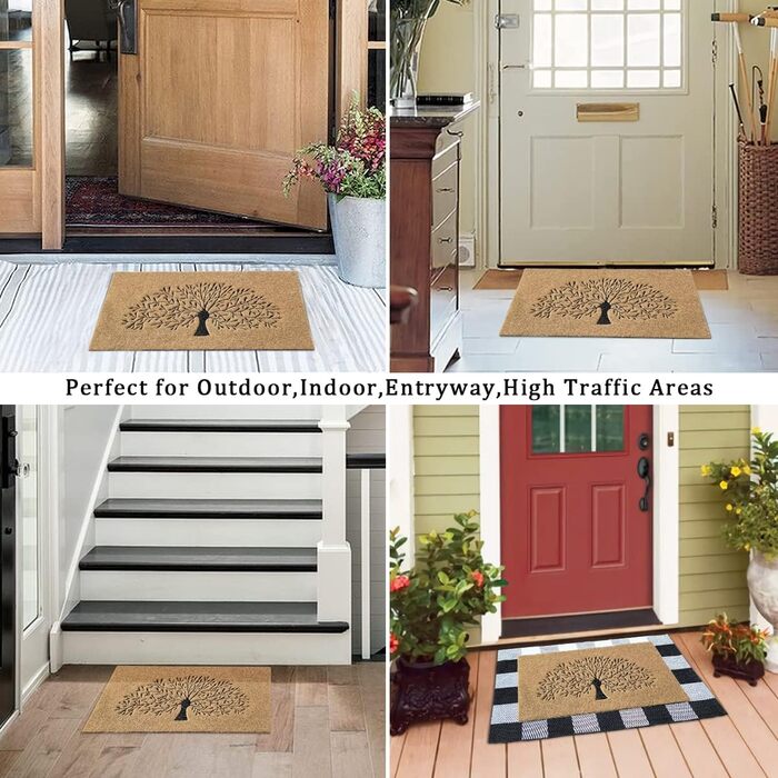 Килимок для привітання &quotДерево життя&quot для використання на вулиці в приміщенні, килимок для передніх дверей, міцний, водонепроникний, нековзний, для входу, коридору, кухні, легко чиститься, гумовий килимок 45x70, коричневий, дерево та коричневий, 4