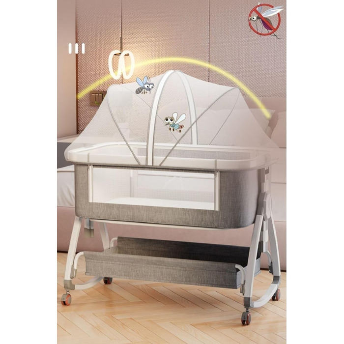 Дитяче ліжечко/дорожнє ліжечко GLOKID 3-в-1, дитячі ліжечка, з колесами, шестирівневе регулювання висоти, колиска, регулювання висоти та нахилу матраца (золотисто-сірий)