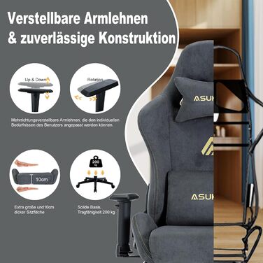 Ігрове крісло, Дихаюче ергономічне офісне крісло з високоякісної тканини, М&39яке, як хутро, Крісло для ПК, Регульоване та поворотне робоче крісло з підставкою для ніг, Сірий