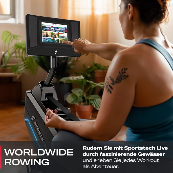 Гребний тренажер преміум-класу Sportstech sRow/10 дюймів/Lite для домашнього використання сенсорний дисплей/ручка - якісний німецький бренд - додаток з тренуваннями та курсами тренувань, складний гребний тренажер зі світлодіодною технологією, домашній спо