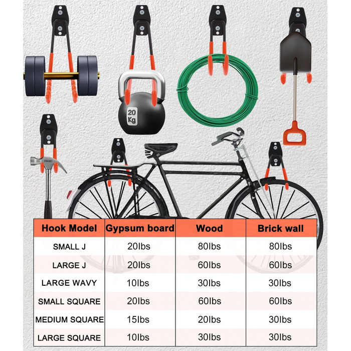 Важкі гачки для гаража, Подвійні гачки для гаража, Гаражні гачки для зберігання Гаражні гачки для організації драбини, стільця, шланга, велосипедів, електроінструментів Насип, 12 шт.