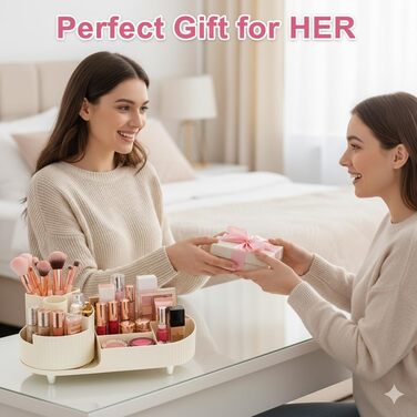 Обертовий на 360 органайзер для макіяжу, великий органайзер для ванної кімнати з коробкою для зберігання косметичного столика включає засіб для чищення пензлів для макіяжу (бежевий)