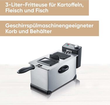 Фритюрниця SEVERIN, приблизно 400 г для смаження, знімний контейнер для жиру, пилозахисна кришка з оглядовим вікном, для приготування гарнірів і основних страв, 2000 Вт, 3 л, нержавіюча сталь/чорний, FR 2431