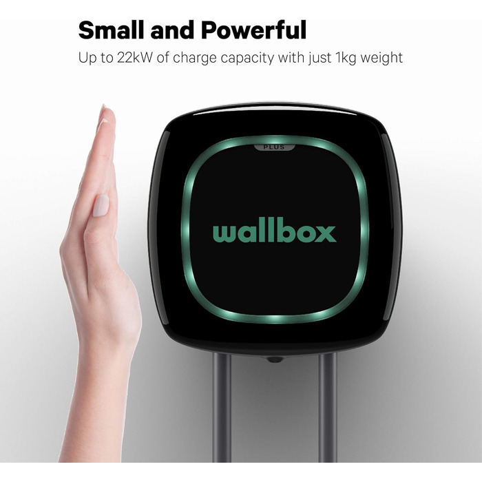 Зарядний пристрій Wallbox Pulsar Plus із зарядною потужністю до 22 кВт, штекером типу 2 та 5-метровим зарядним кабелем. Підключенн