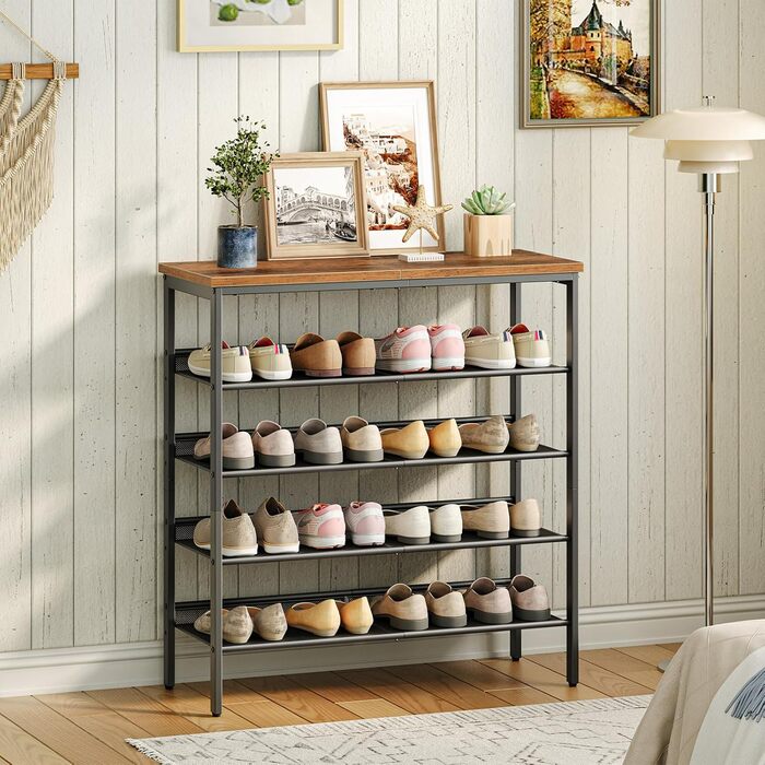 Взуттєва полиця HOOBRO, 5-ярусне зберігання взуття, взуттєва шафа, регульована металева сітчаста полиця, містка верхня частина, на 16-20 пар, вхід, коридор, індустріальний колір, вінтажний коричнево-чорний EBF12XJ01 темно-коричневий чорний 75 x 30 x 81 см