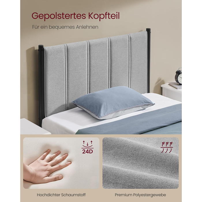 Каркас односпального ліжка VASAGLE, Каркас ліжка, 90 x 200 см, з м&39яким узголів&39ям, Каркас ліжка, Сталь, Витримує до 250 кг, Легке складання, Голубино-сірий RMB972G01 90 x 200 см Голубино-сірий