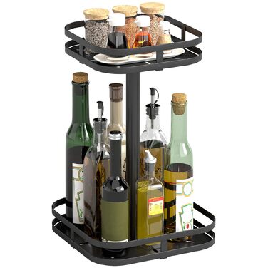 Підставка для спецій HOMCOM, 2-рівнева, обертова на 360 кухонна полиця з піднятими краями та присосками, підставка для спецій, карусель для спецій, кухонний органайзер, тримач для спецій для кухонної стільниці та обіднього столу, чорний колір