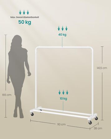 Вішалка для одягу SONGMICS, Штанга для одягу на колесах, Підставка для гардеробу, 2 колеса з гальмом, Спальня, Вантажопідйомність до 50 кг, 38 x 110 x 141,5 см, Матовий білий HSR016WG01 Матовий білий, одинарна рейка