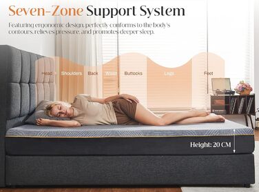 Зонний матрац з холодної піни, 90 x 200 см, матрац з гелевої піни з ефектом пам&39яті, середньої жорсткості (H3), суперм&39який, висота 20 см, сертифікований Oeko-TEX 100, дихаючий матрац, що згортається, чорний, 90 x 200 см, 7-