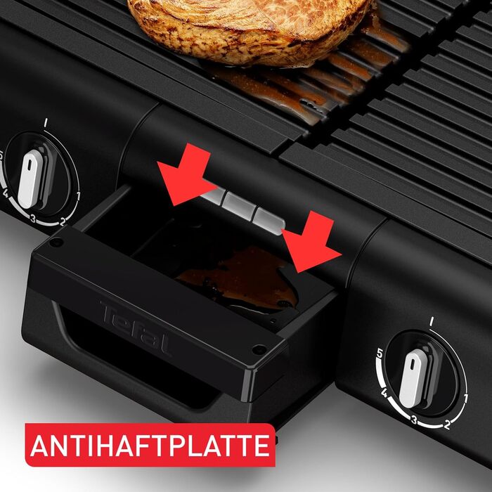 Електричний настільний гриль Tefal BBQ Family, 2 окремі зони з термостатами, антипригарні чавунно-алюмінієві пластини, підходять для посудомийки, глибокі жолобки, чорний/сріблястий, TG800N10