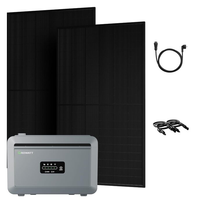 Універсальна балконна електростанція потужністю 1000 Вт з накопичувачем 2048 Втгод, Growatt NEXA 2000 з 4 MPPT датчиками, 2 повністю чорні двосторонні сонячні панелі по 500 Вт, повний комплект аксесуарів, plug & play (0 ПДВ) без монтажного кронштейна