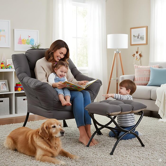 Зручне крісло з підніжкою, крісло-ліжко з оттоманкою, крісло для відпочинку, крісло для відпочинку з підлокітниками та бічною кишенею для вітальні, спальні та невеликих приміщень, темно-сірий