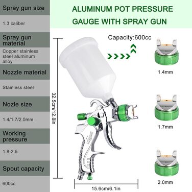 Фарборозпилювач HVLP Фарборозпилювач 3 сопла 1,4 мм 1,7 мм 2,0 мм Професійна система розпилення фарби Фарборозпилювач з пластиковим стаканом 600 мл З регулятором тиску повітря для фарбування деталей автомобіля (зелений)