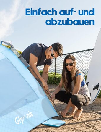 Пляжний намет Glymnis Quick Up, автоматичний пляжний намет, захист від ультрафіолету 50, вітрозахисний, сонцезахисний козирок із системою швидкого складання, невеликий розмір у пакуванні, для 4-5 осіб, синій, BT-ZD02-B, з подовжувальною підлогою