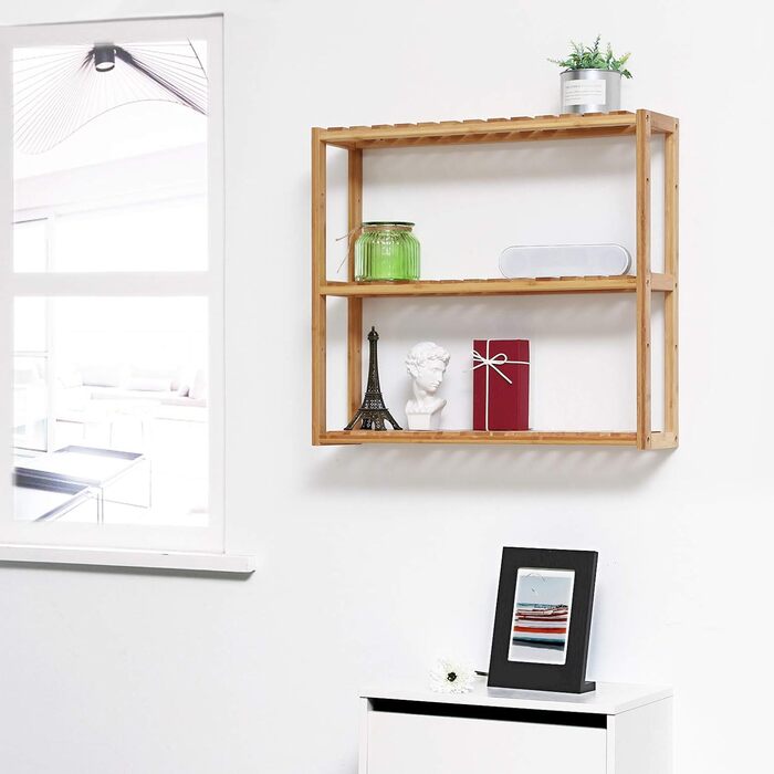 Полиця для ванної кімнати SONGMICS, бамбукова полиця, полиця для рослин з 3 регульованими полицями, настінна, окремостояча, для вітальні, коридору, кухні, 60 x 15 x 54 см, натуральний колір BCB13Y