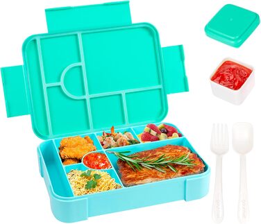Ланчбокс Bento, 1330 мл, герметичний контейнер для їжі для дорослих з 6 відділеннями та набором столових приборів, без BPA. Підходить для офісу, мікрохвильової печі та посудомийної машини, колір океанічний синій.