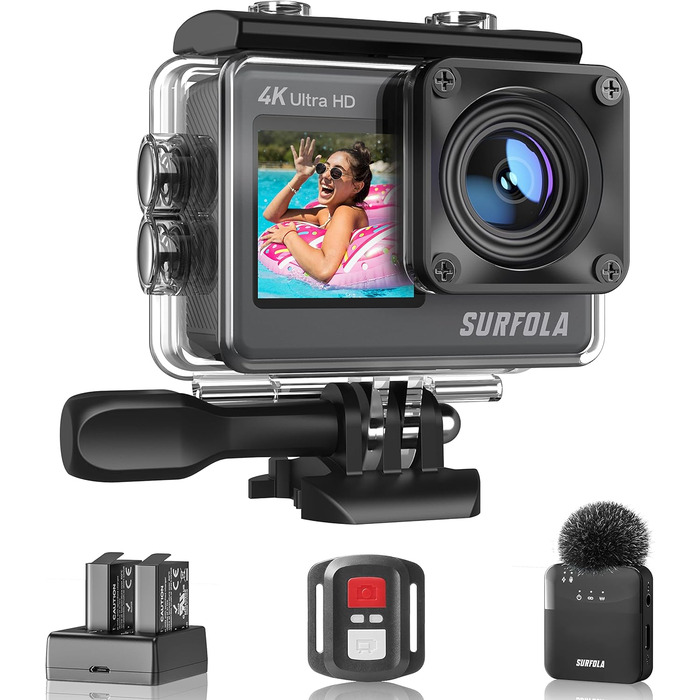 Підводна камера Surfola Action Cam 4K 60FPS, Wi-Fi, водонепроникна камера 40M, регульований ширококутний кут 170, шоломна камера EIS, відеокамера з двома екранами з бездротовим мікрофоном і 2 акумуляторами