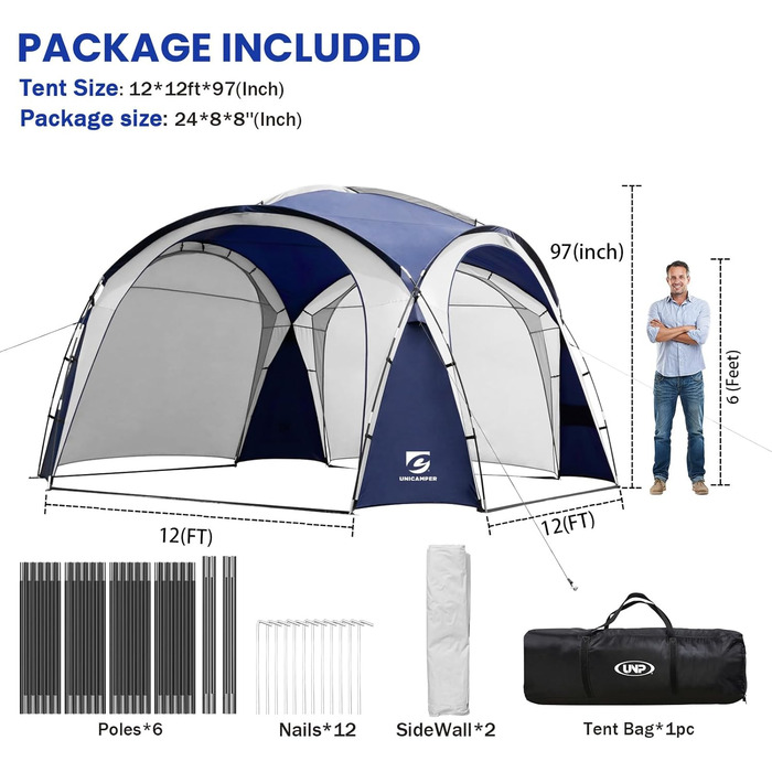 Павільйон для заходів, пляжний намет UPF 50, 3,6 x 3,6 м, водонепроникний та дощозахищений, купольний сонцезахисний намет для 8-10 осіб з 2 боковими стінками (темно-синій)