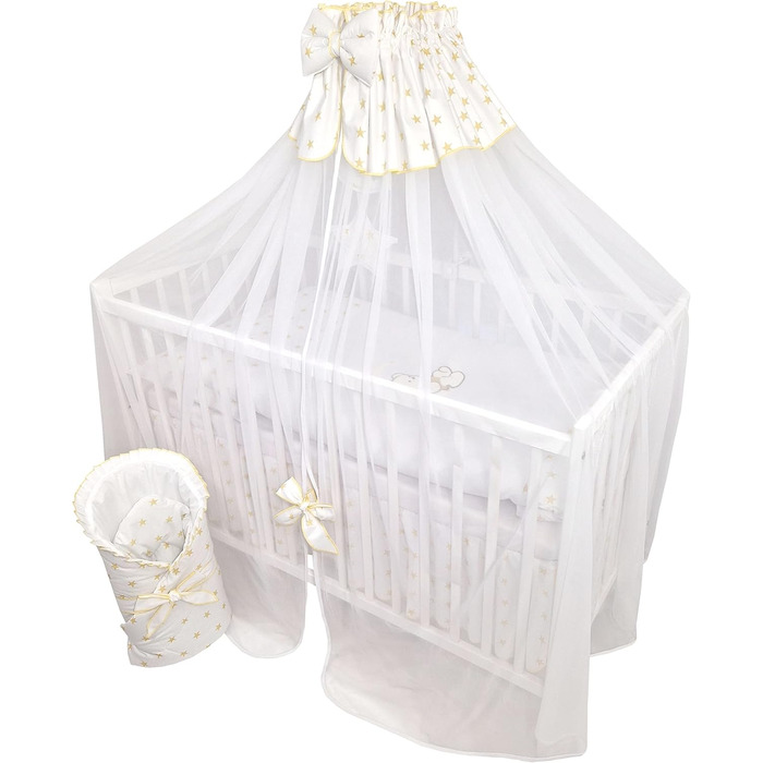 Предметний комплект дитячого ліжечка/колиски та постільної білизни Happy Leo, включаючи матрац з регульованою висотою для новонароджених, немовлят та малюків, з вишивкою (ведмедик, місяць, золоті зірки), 13-