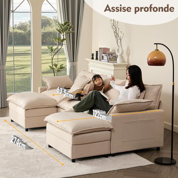 Подібний модульний диван, 3-місний кутовий диван з пуфом, дизайн з глибоким сидінням, диван Cloud для вітальні (бежевий)