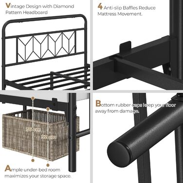 Металеве ліжко Yaheetech 140 x 200 см Вінтажний каркас ліжка з високим узголів&39ям, сучасне мінімалістичне двоспальне ліжко з рейковою основою та місцем для зберігання під ліжком для спальні, чорне 140 x 200 см