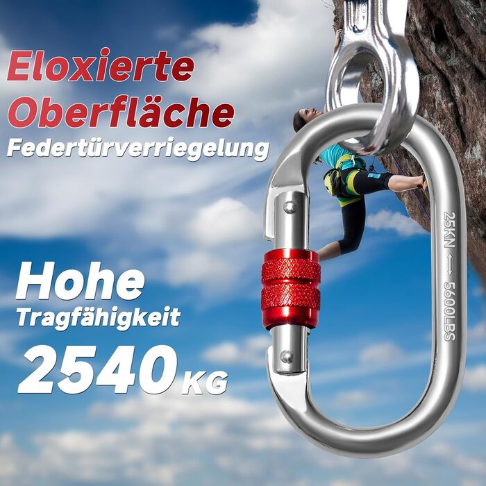 Карабіни-гачки 25KN, O-подібні надміцні запобіжні карабіни, нержавіюча сталь, вантажопідйомність 2500 кг, карабін для скелелазіння, йоги, гамака, кемпінгу, гойдалки, 25KN, 3 шт., срібний червоний