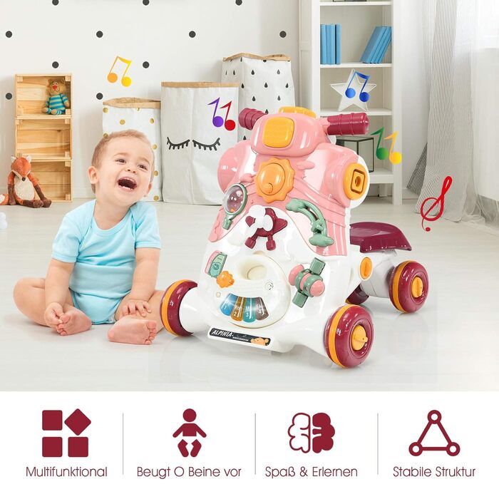 Ходунки для немовлят GOPLUS 3-в-1, як ігровий центр Baby Walker Ride-on Car, знімна ігрова дошка, зі світлом і музикою, універсальна іграшка, подарунок на 12-36 місяців (рожевий)