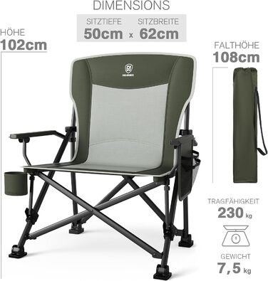 Складаний кемпінговий стілець EVER ADVANCED, вантажопідйомність 230 кг, XL-розмір, ширина сидіння 62 см з бічною кишенею та тримачем для напоїв, великий складний стілець, рибальський стілець для кемпінгу, використання на вулиці, балкон, сад, зелений, клас