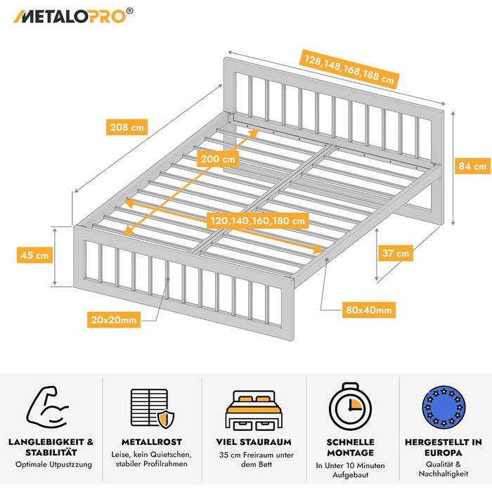 Металеве ліжко 120x200 см Вантажопідйомність до 1000 кг та складання &lt10 хв Міцний каркас ліжка з місцем для зберігання 37 см, без скрипу, чорного кольору Вертикальне 120x200 см
